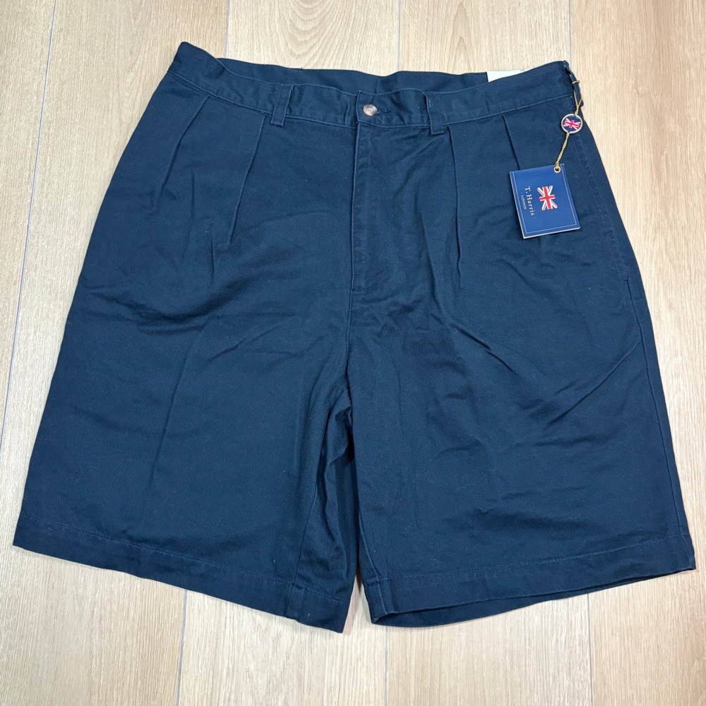 T. Harris London Mens Navy Blue Pleated Chino Shorts Cotton Size 34 NWT